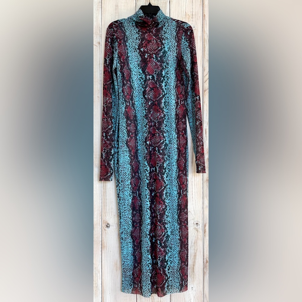 AFRM Shailene Long Sleeve Mesh Midi Dress in MEDIUM - light blue/maroon